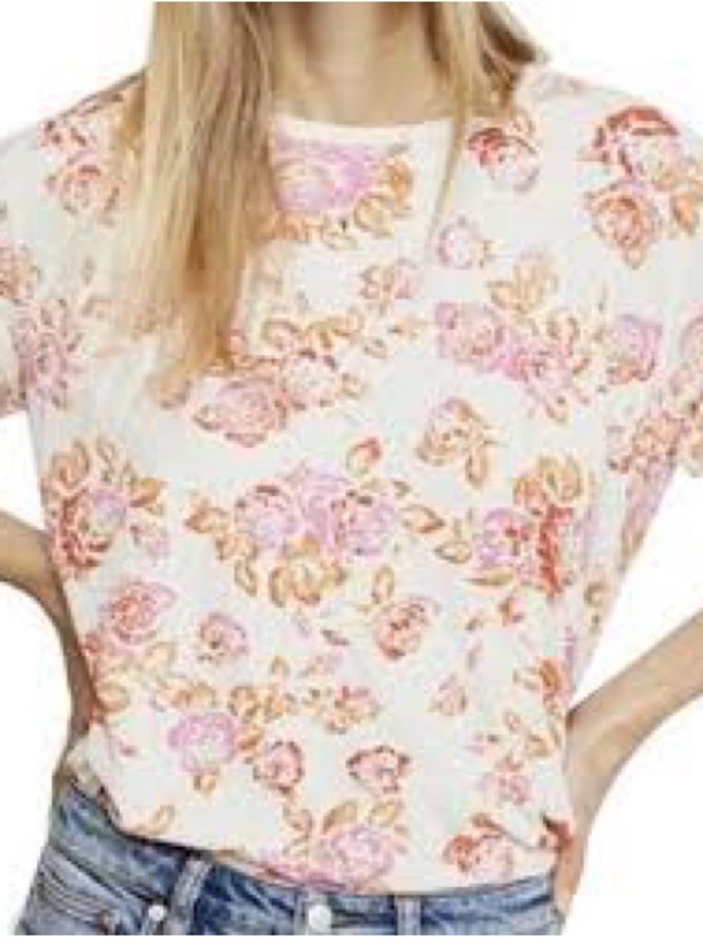Free People Cream Short-Sleeve Floral Tee with Pink & Tan Print